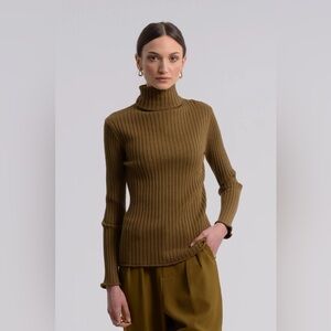Molly Bracken Ribbed Turtleneck Knit Sweater Sz S Olive Green Roll Cuffs & Hem
